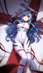Rule 34 | 1girl, :o, ayanami rei, blue hair, blush, bodysuit, breasts, commentary request, evangelion: 3.0+1.0 thrice upon a time, hair between eyes, hair ornament, highres, interface headset, kokukyukeo, long hair, looking at viewer, lying, medium breasts, neon genesis evangelion, plugsuit, rebuild of evangelion, red eyes, red ribbon, ribbon, skin tight, solo, very long hair, white bodysuit