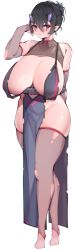 Rule 34 | 1girl, black eyes, black hair, blush, breasts, cleavage, curvy, full body, highres, horns, huge breasts, loincloth, looking at viewer, oni horns, pelvic curtain, pointy ears, short hair, solo, standing, torn clothes, tsunomaru