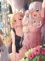 Rule 34 | 2girls, ;o, absurdres, ama rei, animal ears, arm up, black nightgown, blonde hair, blue eyes, blush, breasts, cat ears, cleavage, commission, flower, frilled nightgown, green eyes, grey hair, hair ornament, hairclip, heterochromia, highres, lingerie, long hair, medium breasts, messy hair, morning, multiple girls, nightgown, one eye closed, open mouth, original, pink nightgown, red eyes, scrunchie, sitting, sleepwear, sleepy, small breasts, underwear, waking up, white hair, wrist scrunchie, yawning