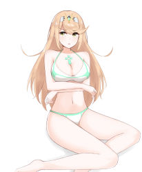 Rule 34 | 1girl, :o, arms under breasts, bad id, bad twitter id, bikini, blonde hair, breasts, chest jewel, chirun0, cleavage, feet out of frame, halterneck, highres, large breasts, long hair, mythra (xenoblade), navel, simple background, solo, string bikini, swept bangs, swimsuit, tiara, very long hair, white background, white bikini, xenoblade chronicles (series), xenoblade chronicles 2, yellow eyes