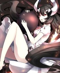 Rule 34 | 10s, 1girl, abyssal ship, anchorage water oni, backless outfit, bare shoulders, black hair, colored skin, dress, horns, kantai collection, koruta (nekoimo), long hair, looking at viewer, machinery, overskirt, pale skin, parted lips, red eyes, very long hair, white dress, white skin