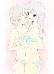 Rule 34 | 2girls, bad id, bad pixiv id, banzai nekomimi, bare shoulders, blue eyes, blush, bra, eila ilmatar juutilainen, closed eyes, holding hands, interlocked fingers, lingerie, long hair, multiple girls, open mouth, own hands together, panties, sanya v. litvyak, short hair, side-tie panties, strike witches, underwear, underwear only, white hair, world witches series