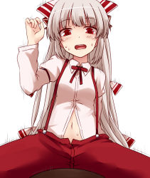 Rule 34 | 1girl, blush, bouncing, bow, cowgirl position, fujiwara no mokou, hair bow, hair ribbon, implied sex, long hair, looking at viewer, midriff, miyo (ranthath), motion lines, navel, open clothes, open mouth, open shirt, pants, red eyes, ribbon, shirt, silver hair, simple background, solo, straddling, suspenders, sweat, touhou, tress ribbon, very long hair, white background