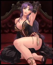 Rule 34 | 1girl, arm up, armpits, asagi (banzoku210), bare shoulders, black dress, black footwear, black gloves, black hair, breasts, cleavage, dress, elbow gloves, female focus, fire emblem, fire emblem: the blazing blade, forehead jewel, full body, gloves, gold trim, high heels, highres, large breasts, lipstick, long hair, makeup, nintendo, sitting, solo, sonia (fire emblem: the blazing blade), thighs, yellow eyes