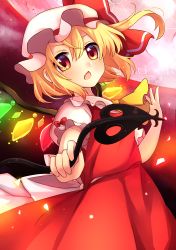 Rule 34 | 1girl, absurdres, ascot, blonde hair, bow, flandre scarlet, hat, hat bow, highres, laevatein, mob cap, moon, open mouth, red eyes, red moon, ruhika, side ponytail, solo, touhou, wings