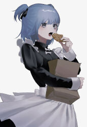 Rule 34 | 1girl, absurdres, apron, bag, black ribbon, blue hair, commentary, food, frilled apron, frills, grey eyes, hair ribbon, highres, holding, holding bag, holding food, long sleeves, maid, maid apron, open mouth, original, paper bag, ribbon, sharp teeth, short hair, short sleeves, shou (mori boro), simple background, sleeve cuffs, solo, symbol-only commentary, taiyaki, teeth, two side up, upper body, wagashi, white apron, white background