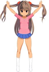 Rule 34 | 1girl, arms up, blue skirt, brown hair, flat chest, full body, hair ornament, highres, long hair, looking at viewer, microskirt, otaku to musume-san, purple eyes, shirt, short sleeves, simple background, skirt, solo, standing, striped clothes, striped shirt, tan, yone kinji