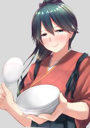 Rule 34 | 10s, 1girl, absurdres, black eyes, black hair, blush, bowl, commentary request, go-1, hair between eyes, hakama, hakama skirt, highres, holding, holding bowl, houshou (kancolle), japanese clothes, kantai collection, long hair, looking at viewer, ponytail, skirt, smile, solo, tasuki