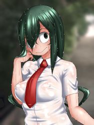 Rule 34 | 1girl, asui tsuyu, boku no hero academia, breasts, commentary request, covered erect nipples, green eyes, green hair, hair over one eye, long hair, looking at viewer, medium breasts, necktie, school uniform, see-through, shirt, smile, solo, uncats, uncats2, wet, wet clothes, wet shirt