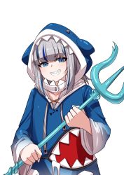 Rule 34 | 1girl, animal hood, blue hair, blunt bangs, clenched hands, commentary, english commentary, flat chest, gawr gura, gawr gura (1st costume), highres, holding, holding weapon, hololive, hololive english, hood, hood up, looking to the side, multicolored hair, polearm, shark hood, sharp teeth, silver hair, smile, smug, solo, streaked hair, teeth, trident, v-shaped eyebrows, valefal coneri, virtual youtuber, weapon, white background