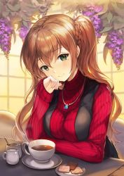 Rule 34 | 1girl, blue gemstone, blush, brown hair, closed mouth, coffee, cookie, cup, elbow rest, flower, food, gem, green eyes, hair between eyes, head on hand, head rest, head tilt, highres, indoors, jewelry, leaning forward, long hair, long sleeves, looking at viewer, mole, mole under eye, necklace, one side up, original, plate, purple flower, red sweater, ribbed sweater, saucer, sibyl, sidelocks, sitting, smile, solo, sugar (food), sweater, turtleneck, turtleneck sweater, vest