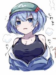 Rule 34 | 1girl, blue eyes, blue hair, breasts, cleavage, closed mouth, flat cap, green hat, hair bobbles, hair ornament, hat, highres, kawashiro nitori, large breasts, looking at viewer, open mouth, short hair, simple background, smile, solo, steam, sweat, touhou, two side up, upper body, v-shaped eyebrows, white background, yonoisan