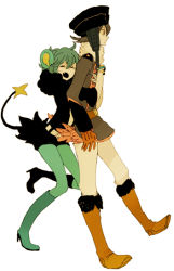 Rule 34 | 1girl, androgynous, animal ears, boots, costume, creatures (company), fang, fur hat, game freak, gen 4 pokemon, green footwear, green pantyhose, hat, honchkrow, hug, l hakase, luxray, nintendo, pantyhose, personification, pokemon, tail, thigh boots, thighhighs