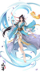 Rule 34 | 1girl, absurdres, barefoot, black hair, chinese clothes, hanfu, highres, holding, jewelry, leg wrap, long hair, necklace, purple eyes, unpl, yuan zun
