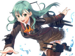 Rule 34 | 10s, 1girl, aqua eyes, aqua hair, ascot, blazer, breasts, brown skirt, brown thighhighs, buttons, cannon, frilled skirt, frills, green eyes, hair ornament, hairclip, itou (onsoku tassha), jacket, kantai collection, loafers, long hair, looking at viewer, machinery, open mouth, pleated skirt, school uniform, shoes, simple background, skirt, smile, solo, suzuya (kancolle), teeth, thighhighs, turret, water, white background, zettai ryouiki