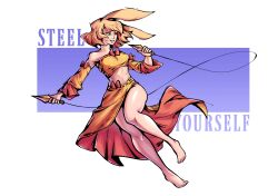 Rule 34 | 1girl, absurdres, animal ears, barefoot, blonde hair, bow, breasts, commentary, dancer rabbit, detached sleeves, dual wielding, english commentary, english text, full body, grin, highres, holding, kunai, looking afar, lygofer, medium breasts, midriff, navel, orange bow, rabbit and steel, rabbit ears, rabbit girl, ribbon-trimmed skirt, ribbon-trimmed tube top, ribbon trim, short hair, skirt, sleeve bow, smile, solo, strapless, tube top, weapon, yellow eyes, yellow skirt, yellow sleeves, yellow tube top
