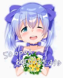 Rule 34 | 1girl, ;d, blue bow, blue choker, blue eyes, blue hair, bouquet, bow, cacao (chocolat), choker, collarbone, commentary request, crying, crying with eyes open, flower, frilled shirt, frills, gloves, grey background, hair between eyes, hair bow, head tilt, heart, highres, holding, holding bouquet, milestone celebration, nijisanji, one eye closed, open mouth, puffy short sleeves, puffy sleeves, round teeth, shirt, short sleeves, simple background, smile, solo, tears, teeth, translation request, twintails, upper teeth only, virtual youtuber, white flower, white gloves, white shirt, yellow flower, yuuki chihiro, yuuki chihiro (1st costume)