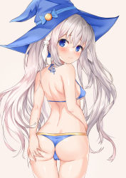 Rule 34 | 1girl, absurdres, ass, ass grab, back, barefoot, bikini, blue bikini, blue eyes, blue hat, blush, breasts, closed mouth, commission, deogho (liujinzy9854), grabbing own ass, grey hair, hair between eyes, hair ribbon, hat, hat ribbon, highres, korean commentary, long hair, looking at viewer, looking back, original, ribbon, shoulder blades, sidelocks, simple background, small breasts, solo, standing, swimsuit, thigh gap, thighs, very long hair, witch, witch hat