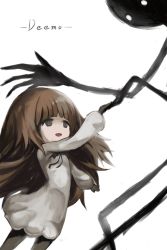 Rule 34 | 1girl, arched back, brown hair, deemo, deemo (character), dress, empresso (mesopiyo0), girl (deemo), holding hands, long hair, looking up, pantyhose, simple background, smile, very long hair, white background