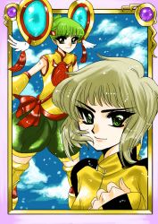 Rule 34 | 2girls, 773, art style parody, blonde hair, bruce lee&#039;s jumpsuit, chinese clothes, clamp, detached sleeves, dragon kid, dual persona, green eyes, green hair, huang baoling, magic knight rayearth, multiple girls, parody, ponytail, short hair, shorts, style parody, superhero costume, thighhighs, tiger &amp; bunny
