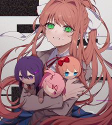 Rule 34 | 4girls, bow, brown hair, crying, crying with eyes open, doki doki literature club, green eyes, hair ornament, hairclip, highres, hug, long hair, monika (doki doki literature club), multiple girls, natsuki (doki doki literature club), pink eyes, pink hair, purple eyes, purple hair, red ribbon, ribbon, sayori (doki doki literature club), school uniform, short hair, skirt, stuffed toy, tears, twintails, user xyxr8482, yuri (doki doki literature club)