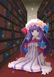 Rule 34 | 1girl, blue ribbon, blunt bangs, book, bookshelf, bow, breasts, capelet, closed mouth, collared dress, crescent, dress, female focus, hair bow, hair ribbon, hat, highres, library, long hair, long sleeves, looking at viewer, medium breasts, moon, on floor, patchouli knowledge, purple eyes, purple hair, red neckwear, red ribbon, ribbon, sidelocks, sitting, solo, striped clothes, striped dress, t2r, touhou, vertical-striped clothes, vertical-striped dress, wariza