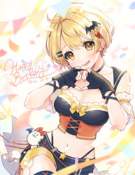 Rule 34 | 1girl, bat hair ornament, belt, belt buckle, blonde hair, blush, breasts, buckle, choker, cleavage, corset, crop top, dated, detached sleeves, earrings, fang, frilled sleeves, frills, gem, gloves, hair ornament, hairclip, happy birthday, heart, heart hands, highres, hololive, jewelry, kapumin (yozora mel), mameyanagi, midriff, navel, open mouth, panty straps, short hair, shorts, smile, solo, standing, standing on one leg, star ornament, thighhighs, underbust, virtual youtuber, yellow eyes, yozora mel, yozora mel (2nd costume)