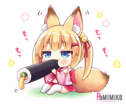 Rule 34 | 1girl, animal ear fluff, animal ears, artist name, bell, blonde hair, blue eyes, blush, bow, chibi, commentary request, detached sleeves, eating, ehoumaki, food, food in mouth, fox ears, hair ornament, hairclip, holding, holding food, jingle bell, kemomimi oukoku kokuei housou, long hair, looking at viewer, lowres, makizushi, mikoko (kemomimi oukoku kokuei housou), open mouth, pomimiko, setsubun, solo, sushi, twintails, virtual youtuber, wide sleeves