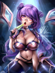 Rule 34 | 1girl, black thighhighs, blush, breasts, cleavage, dark background, fantasy, female focus, food, glasses, gloves, ice cream, k/da (league of legends), k/da kai&#039;sa, kneeling, large breasts, league of legends, leather, long hair, looking at viewer, looking over eyewear, mumeaw, navel, open mouth, purple eyes, purple hair, saliva, self-upload, solo, thick thighs, thighhighs, thighs, twintails