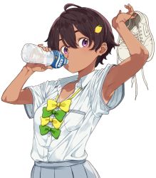 Rule 34 | 1girl, ahoge, arm up, armpit peek, armpits, bottle, bow, bowtie, breast pocket, breasts, brown hair, collarbone, collared shirt, cover image, cowboy shot, cross-laced footwear, dark-skinned female, dark skin, dress shirt, drinking, eyebrows hidden by hair, female focus, food-themed hair ornament, green bow, green bowtie, grey skirt, hair between eyes, hair ornament, hair strand, highres, holding, holding bottle, holding clothes, holding footwear, imigimuru, lemon hair ornament, looking at viewer, loose bowtie, make heroine ga oo sugiru!, medium breasts, miniskirt, multiple bows, novel illustration, official art, partially unbuttoned, pleated skirt, pocket, purple eyes, school uniform, shirt, shirt tucked in, shoes, unworn shoes, short hair, short sleeves, simple background, skirt, sneakers, solo, tan, tanline, textless version, upper body, water bottle, white background, white footwear, white shirt, wing collar, yakishio remon, yellow bow, yellow bowtie