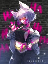 Rule 34 | ahoge, bling, bracelet, chain necklace, facial tattoo, highres, jacket off shoulders, jewelry, multiple rings, neck tattoo, necklace, paint splatter, piercing, ring, rokushini, snow sos, spiked bracelet, spikes, tank top, tattoo, torn clothes, watch, white hair, wristwatch, yellow eyes