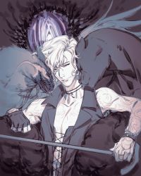 Rule 34 | 1boy, arm tattoo, bare shoulders, beak, bird, black gloves, bracelet, cane, closed eyes, collarbone, devil may cry (series), devil may cry 5, devil trigger, fingerless gloves, full-body tattoo, gloves, griffon (devil may cry 5), hand tattoo, highres, holding, holding cane, jewelry, krab (fumekrab), male focus, necklace, nightmare (devil may cry), one eye closed, panther, ring, shadow (devil may cry 5), smile, tattoo, tooth necklace, white hair