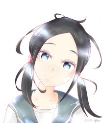 Rule 34 | 1girl, black hair, blue eyes, chio-chan no tsuugakuro, closed mouth, colored eyelashes, commentary, dated, english commentary, eyelashes, forehead, hair ornament, happy, highres, looking at viewer, low twintails, messy hair, mixed-language commentary, nonomura manana, portrait, sailor collar, school uniform, serafuku, shirt, sidelocks, signature, simple background, smile, solo, split mouth, szlyn, twintails, white background, white shirt