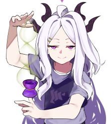 1girl absurdres ahoge arm_up ayo_rimaisu black_horns blue_archive closed_mouth hair_ornament hairclip highres hina_(blue_archive) horns long_hair looking_at_viewer multiple_horns purple_eyes purple_shirt shirt short_sleeves smile solo string upper_body very_long_hair white_hair