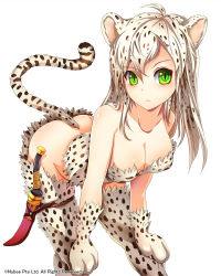 Rule 34 | 1girl, :&lt;, ahoge, animal ears, bent over, blonde hair, breasts, claws, cleavage, dagger, green eyes, hands on own knees, knife, large breasts, leopard ears, leopard tail, long hair, looking at viewer, monster girl, original, solo, suoni (deeperocean), tail, thighhighs, weapon