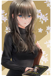 Rule 34 | 1girl, absurdres, black hair, black shirt, book, breasts, daiko (dai1974910), floral background, floral print, hair over eyes, highres, holding, holding book, idolmaster, idolmaster cinderella girls, large breasts, long sleeves, looking at viewer, no hairband, sagisawa fumika, shirt, solo, twintails, upper body