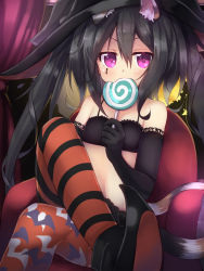 Rule 34 | 1girl, amano kouki, animal ears, black gloves, black hair, candy, cat ears, crossed legs, elbow gloves, food, gloves, halloween, hat, holding, lollipop, long hair, looking at viewer, midriff, multiple tails, note-chan, original, purple eyes, shoes, sitting, solo, striped clothes, striped thighhighs, tail, thighhighs, twintails, witch hat