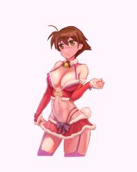 Rule 34 | 1girl, ahoge, bad id, bad pixiv id, bow, breasts, brown eyes, brown hair, cleavage, detached sleeves, drawfag, frills, garter straps, highres, miniskirt, navel, neck bell, pink bow, pink legwear, red skirt, short hair, simple background, skirt, smile, solo, standing, umihara kawase, umihara kawase (character), white background