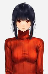 Rule 34 | 1girl, black hair, blush, breasts, expressionless, lips, long hair, looking at viewer, makimura shunsuke, original, red eyes, ribbed sweater, serious, short hair, sidelocks, simple background, solo, sweater, turtleneck, upper body, white background