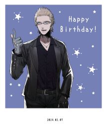 Rule 34 | 1boy, black jacket, blonde hair, blue background, blue eyes, final fantasy, final fantasy xv, glasses, gloves, hair slicked back, happy birthday, highres, ignis scientia, index finger raised, jacket, jewelry, male focus, necklace, nnnmmg0725, open mouth, shirt, short hair, smile, spiked hair, star (symbol), suit jacket
