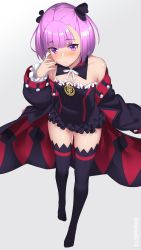 Rule 34 | 1girl, bare shoulders, batsu, black coat, black dress, black ribbon, black thighhighs, blunt bangs, blush, coat, detached collar, dress, fate/grand order, fate (series), frilled sleeves, frills, full body, grey background, hair ribbon, hand on own face, hand up, head tilt, helena blavatsky (fate), helena blavatsky (third ascension) (fate), highres, long sleeves, looking at viewer, no shoes, off shoulder, open clothes, open coat, parted lips, pink eyes, pink hair, ribbed legwear, ribbon, short dress, short hair, solo, standing, strapless, strapless dress, thighhighs, twitter username, white ribbon, zettai ryouiki