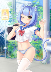 Rule 34 | 1girl, absurdres, animal ears, atlanta (warship girls r), blue hair, blue tail, bow, bowtie, breasts, cat ears, cat tail, highres, navel, one eye closed, panties, red bow, red bowtie, school uniform, short hair, short sleeves, small breasts, solo, striped clothes, striped panties, tail, thighhighs, underwear, warship girls r, white thighhighs, william.b, yellow eyes