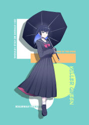 Rule 34 | 1girl, absurdres, black choker, black hair, black sailor collar, black shirt, blunt bangs, bocchi the rock!, chin piercing, choker, colored inner hair, commentary request, cross, cross earrings, cross necklace, earrings, green eyes, highres, hime cut, holding, holding umbrella, jewelry, long hair, long sleeves, looking at viewer, lsf (805661342), mary janes, multicolored hair, necklace, pa-san, piercing, pleated skirt, purple hair, sailor collar, school uniform, serafuku, shirt, shoes, simple background, skirt, smile, umbrella