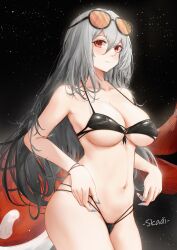 Rule 34 | 1girl, absurdres, arknights, bare arms, bare shoulders, bikini, black background, black bikini, commentary request, cowboy shot, eyewear on head, grey hair, highres, long hair, looking at viewer, navel, niuy, red eyes, skadi (arknights), solo, standing, stomach, sunglasses, swimsuit, thighs, very long hair