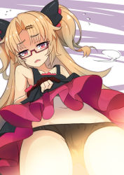 Rule 34 | 1girl, akatsuki uni, bare shoulders, black dress, black panties, blonde hair, brown gloves, clothes lift, collarbone, dress, dress lift, fang, flying sweatdrops, from below, glasses, gloves, hair ornament, hairclip, head tilt, lifting own clothes, long hair, looking at viewer, looking down, navel, ogami kazuki, open mouth, panties, parted bangs, partially fingerless gloves, red-framed eyewear, red eyes, semi-rimless eyewear, sleeveless, sleeveless dress, solo, two side up, under-rim eyewear, underwear, uni create, very long hair, virtual youtuber