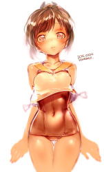 Rule 34 | 10s, 1girl, arms at sides, brown eyes, brown hair, closed mouth, collarbone, cowboy shot, highres, i-401 (kancolle), kantai collection, lips, looking at viewer, name tag, ponytail, pov, rondo bell, sailor collar, school swimsuit, short hair, simple background, solo, swimsuit, swimsuit under clothes, tan, thigh gap