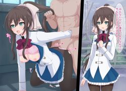 Rule 34 | 1boy, 1girl, 2koma, all fours, aqua eyes, arm at side, arm held back, assault lily, black pantyhose, black shirt, blue skirt, bow, bowtie, bra, bra lift, breasts, breasts out, brown bow, brown hair, building, bush, buttons, cleavage, clothed female nude male, clothed sex, clothes lift, comic, commentary, cowboy shot, cum, cum pool, doggystyle, drooling, floral print, foot out of frame, frilled skirt, frills, grabbing another&#039;s hair, guard rail, hair between eyes, hair bow, hand on own chest, hand up, haniwa (kiminozorazio), heart, herensuge girls academy school uniform, hetero, high ponytail, highres, indoors, instant loss, jacket, jewelry, kneeling, long hair, long sleeves, looking at viewer, looking away, medium breasts, miniskirt, nipples, nude, on floor, open mouth, overcast, panties, pantyhose, partially unbuttoned, pink bow, pink bowtie, pink panties, ponytail, print bra, raised eyebrows, rape, ring, road, saliva, school uniform, serizawa chikaru, sex, sex from behind, shadow, shirt, sidelocks, skirt, skirt lift, sky, solo focus, speech bubble, spoken heart, standing, sweat, tearing up, teeth, tongue, tongue out, torn clothes, torn pantyhose, translation request, trembling, underwear, upper teeth only, utility pole, v-shaped eyebrows, very long hair, white jacket, window