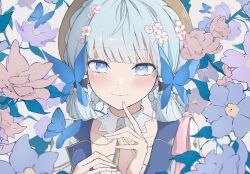 Rule 34 | 1girl, ayaka (genshin impact), blue butterfly, blue dress, blue eyes, blue hair, blunt bangs, blunt tresses, blush, braided hair rings, brown headwear, bug, butterfly, butterfly hair ornament, collar, collarbone, collared dress, detached collar, dress, floral background, flower, genshin impact, hair flower, hair ornament, hands up, highres, insect, kamisato ayaka, kamisato ayaka (springbloom missive), leaf, light blue hair, looking at viewer, mole, mole under eye, neck tassel, official alternate costume, official alternate hairstyle, portrait, shockwhite3, solo, white background, white collar
