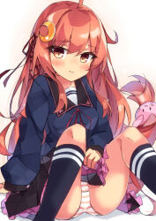 Rule 34 | 1girl, ahoge, beritabo, black skirt, black socks, blue serafuku, blush, brown eyes, closed mouth, commentary request, crescent, crescent hair ornament, feet out of frame, frilled skirt, frills, hair ornament, highres, kantai collection, long hair, long sleeves, panties, pink hair, pleated skirt, rabbit hair ornament, school uniform, serafuku, simple background, skirt, socks, solo, striped clothes, striped panties, underwear, uzuki (kancolle), white background