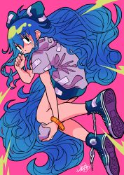 Rule 34 | 1girl, absurdly long hair, absurdres, blue bow, blue hair, blue skirt, bow, bracelet, closed mouth, commentary request, crying, crying with eyes open, debt, from behind, full body, grey hoodie, hair between eyes, hair bow, high tops, highres, holding, hood, hood down, hoodie, jewelry, leaf st, long hair, looking at viewer, looking back, pink background, shoe soles, shoes, short sleeves, signature, simple background, skirt, sneakers, solo, tears, touhou, very long hair, yorigami shion